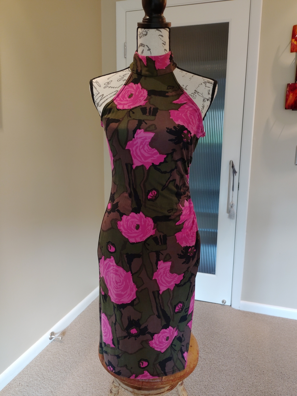 Trina Turk Olive & Hot Pink Shoulder Enhancing Floral Dress